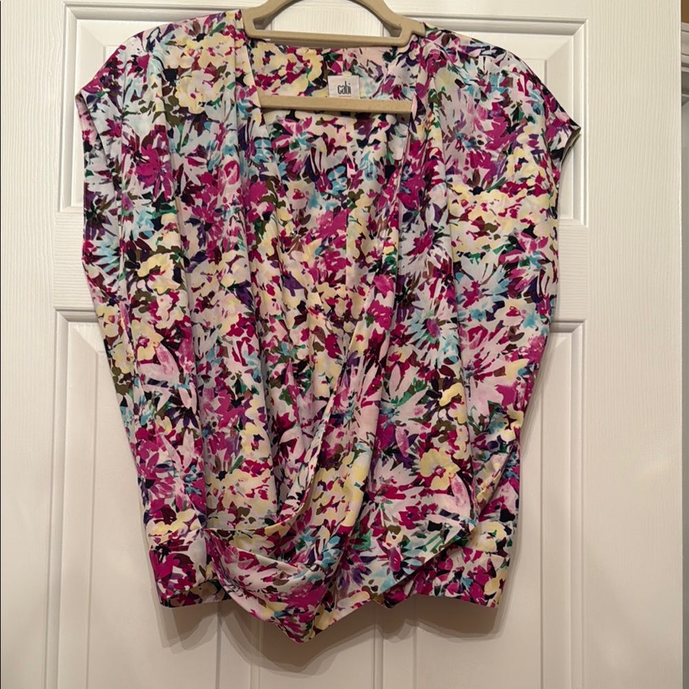 CAbi Floral Draped Blouse in Pink and Purple